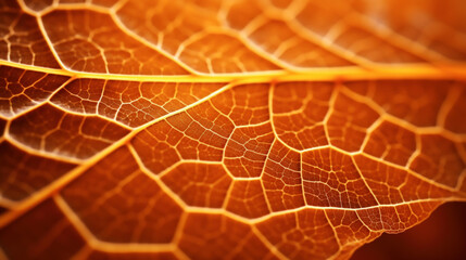 Ultra-detailed macro shot capturing the intricate veins of a maple leaf in warm amber light....