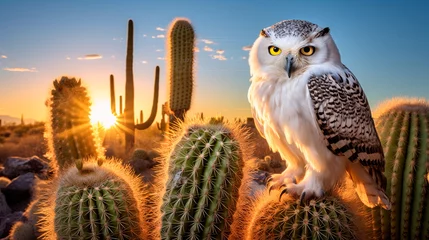 Poster An owl against a desert background with cacti and a bright sun on the horizon creating a contrast between the bird and the arid terrain. The global warming problem. Animal world © stateronz