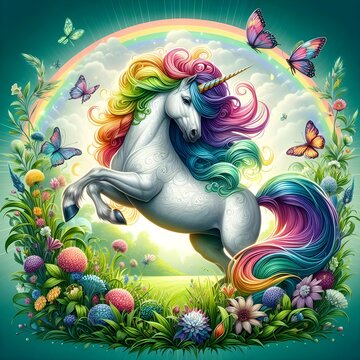 Adorable Unicorn with Flowers and Butterflies, Isolated in a Captivating Illustration, Radiating Cuteness and Enchanting Fantasy. Generative Ai