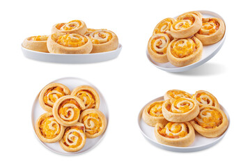 Bacon Cheddar cheese roll cake pinwheel on a white isolated background