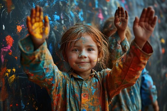 Little girl with dirty hands on the background of the painted wall. Childhood concept. Kindergarten concept with Copy Space.