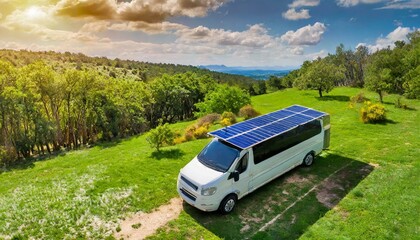 Fototapeta premium van with solar panels in a natural park, seen from the sky