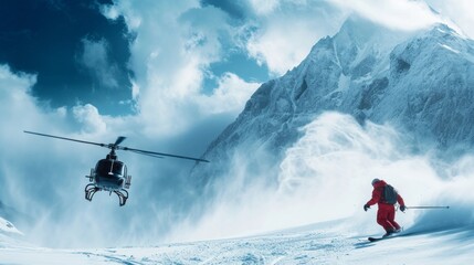 Heliski helicopter takes off in snow powder freeride landed on mountain.
