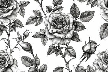 Abstract seamless pattern with roses. Beautiful blossoming hand drawn flower with bud on white background. Line art for wedding design. Vector stock illustration