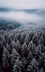 Fototapeta premium Landscape photo of fir misty forest with fog. Natural esthetic view for environment consciousness.