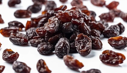 Fototapeta premium A pile of raisins on a white background