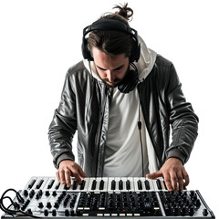 An Electronic Musician With Equipment.. Isolated on a Transparent Background. Cutout PNG.