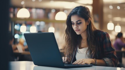 Fototapeta premium Young woman student study in the school library. She using laptop and learning online with blurred other people background
