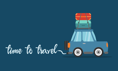 Obraz premium Time to travel concept poster. Travel by car. Road trip. Vector illustration.