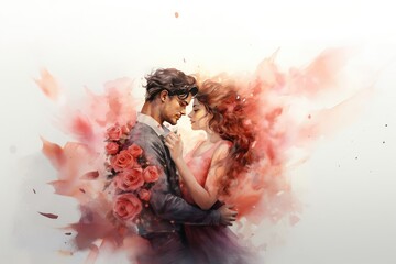 Couple in love on a date. Watercolor background for Valentine's Day, love, wedding concept. - obrazy, fototapety, plakaty