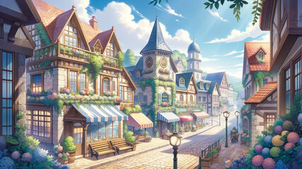 アニメ、ゲーム風のオシャレな街並み背景イラスト