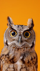 a shocked owl looking at the camera on orange background