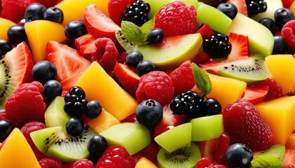 A colorful fruit salad with berries, kiwi, and melon