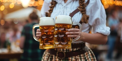 waiter girl carries glasses of Oktoberfest beer Generative AI - obrazy, fototapety, plakaty