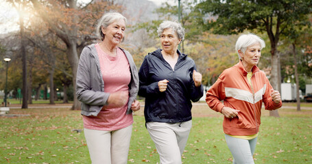 Senior women, walking and friends with fitness, wellness and workout for health in retirement....