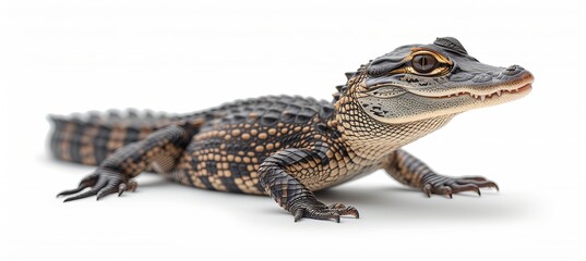 Naklejka premium Close up shot of isolated alligator on white background, wildlife reptile with copy space