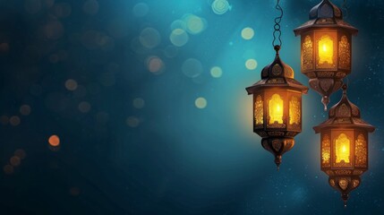 Fototapeta na wymiar Beautiful Arabic lantern with lit candle hanging on a tree with blue out of focus background. ramadan concept, arabia