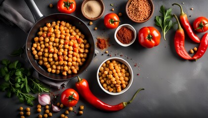 Spicy chickpeas with hot red peppers, tomatoes, cumin, garlic and other spices in a frying pan on a grey background top view. Chickpeas stewed with vegetables and spices, oriental cuisine.
