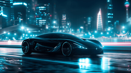 Sleek Concept Car on Urban Neon-Lit Street at Night