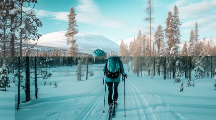 Back view of cross country skier exploring scenic forest trail in winter landscape - obrazy, fototapety, plakaty