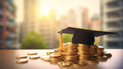 Graduation hat on coin stack on the table, graduation financial concept.	