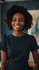 a smiling black african american employee standing in the office