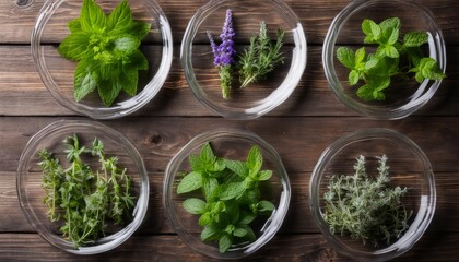 Six glass bowls with herbs in them