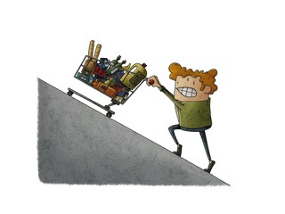 illustration of a man pushing a shopping cart full of groceries up a steep hill. Concept of price escalation. - 720372967
