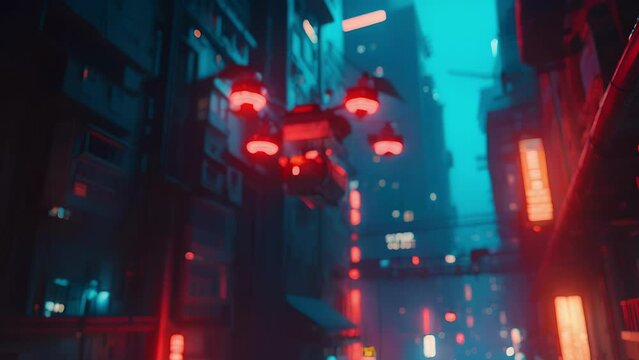Neon drones buzz through the air delivering packages to various buildings in the city.