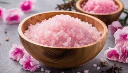 Two wooden bowls filled with pink salt
