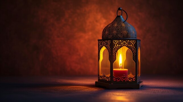Arabic lantern with lit candle on a hanging shelf with light in high definition and quality. ramadan concept