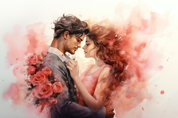 Couple in love on a date. Watercolor background for Valentine's Day, love, wedding concept.