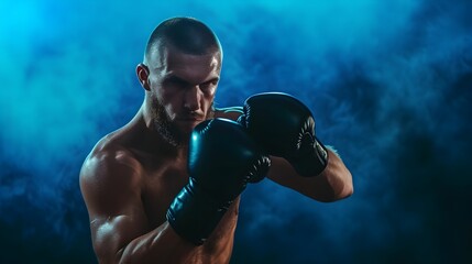Fototapeta na wymiar Boxing man model fighting with studio lighting. Generative AI