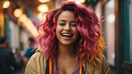 Portrait of smiling young woman with pink hair