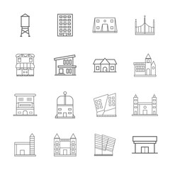 Buildings line icon set. Bank, school, courthouse, university, library. Architecture concept. Can be used for topics like office, city, real estate