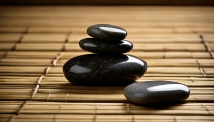 Fototapeta na wymiar A stack of three black stones on a woven mat