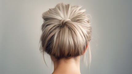 Rear view of young woman elegant bun hairstyle, grey background, copy space