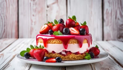 Fotobehang A cake with strawberries and blueberries on top © vivekFx
