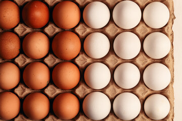 Photograph of egg carton with white eggs and brown eggs. Food concept.