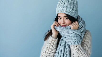 Smiling woman with scarf and knitted hat, isolated on pastel background with copy space