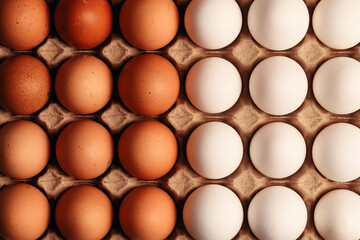 Photograph of egg carton with white eggs and brown eggs. Food concept.