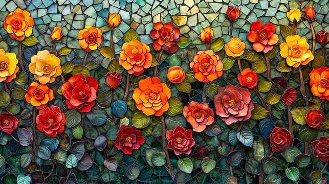 Stained glass window background with colorful Rose Flower abstract.	

