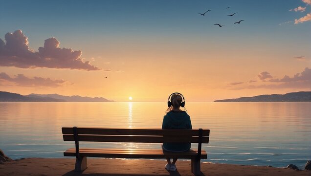 Woman sitting on a bench facing the sea listening to music with headphones