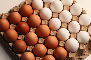 Photograph of egg carton with white eggs and brown eggs. Food concept.