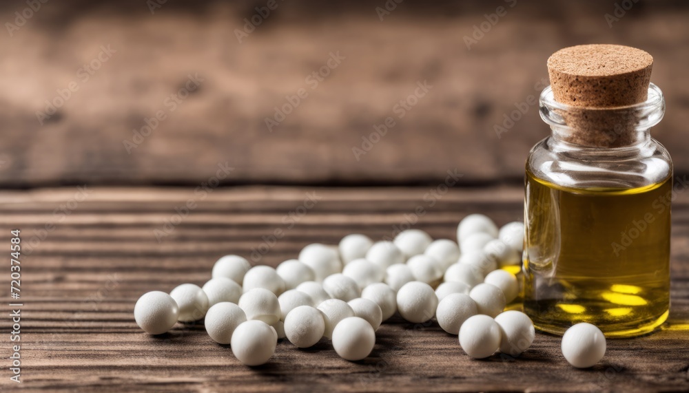 Sticker A bottle of oil with white pills on a wooden table