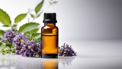 A bottle of essential oil with a purple flower on top
