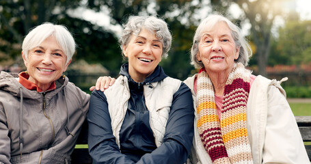 Senior, women and friends laugh in park with face and retirement smile in a garden. Nature,...