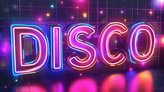 Vibrant purple neon DISCO sign in retro 90s style glowing maximalist background