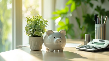 Peaceful home office with a piggy bank and green plants in sunlight.