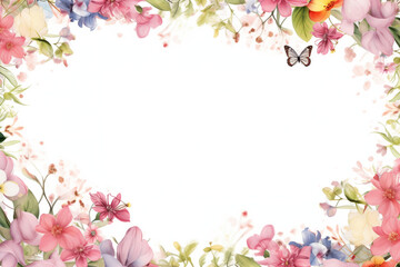 Fototapeta na wymiar Delicate Spring Blossom Frame: Pastel Floral Border with Playful Butterfly, Ideal for Wedding Invitations and Greeting Cards